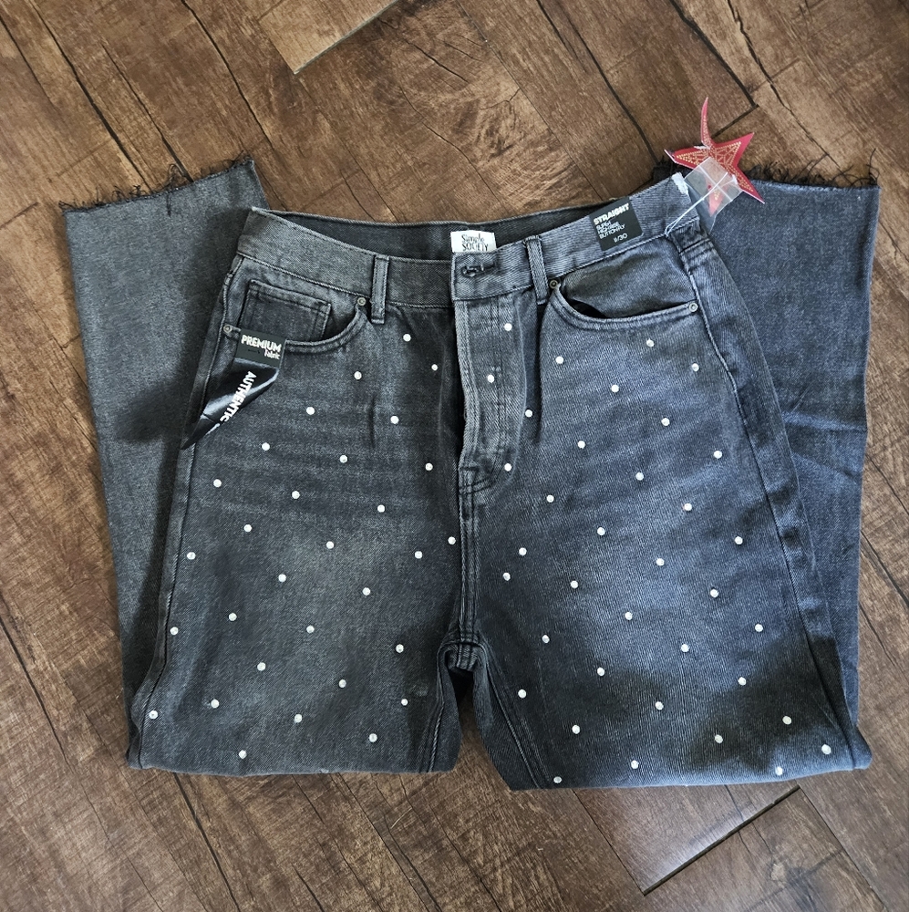 High Rise Straight Bejewled Jeans